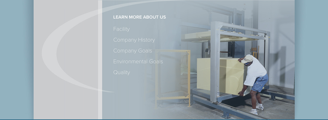 Text reading “Learn More About Us”, “Facility”, “Company History”. “Company Goals”, “Environmental Goals”, and “Quality” and an image of a man moving a large box.